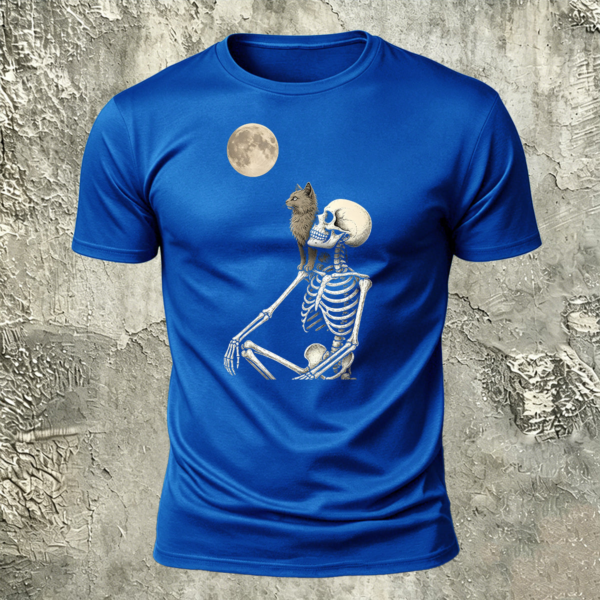 White Skull Moon-Print Casual Cotton T-Shirt