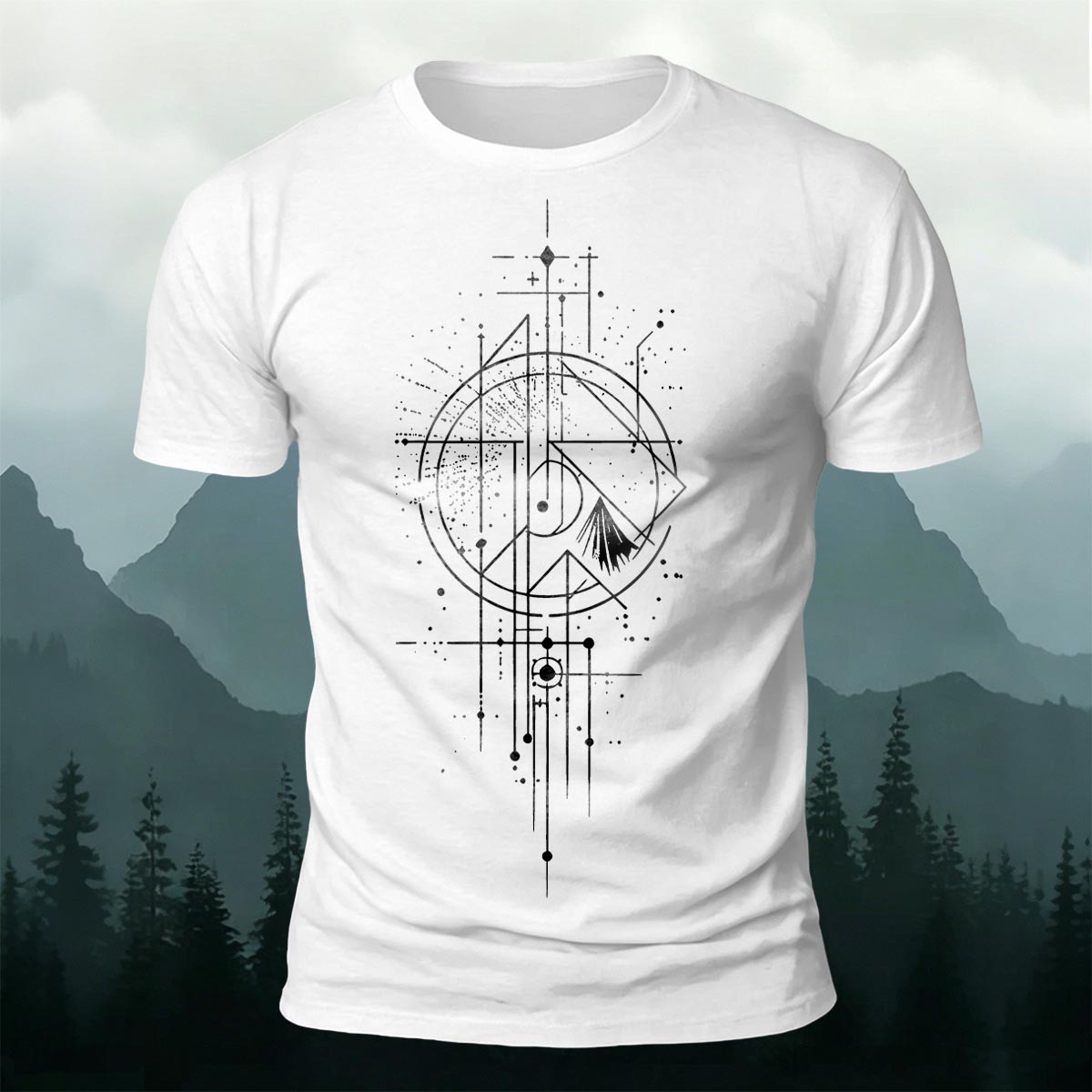 Line Gradient Mountain Print Premium Cotton T-Shirt White