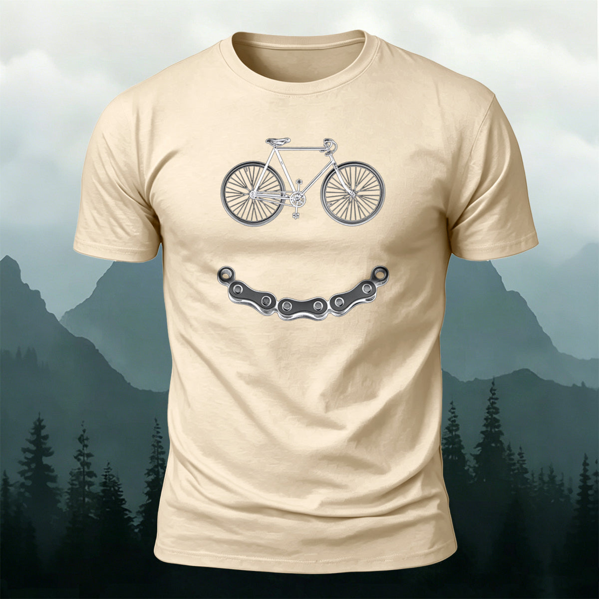Bicycle-Motif Smile Print Outdoor Cotton T-Shirt