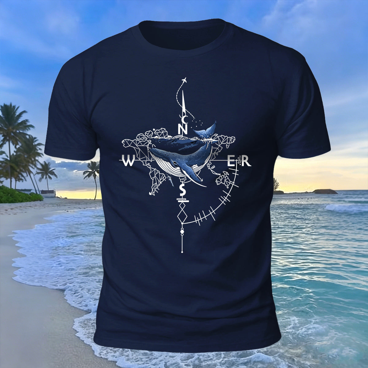 Creative Whale Compass Print 100% Cotton Soft-Touch T-Shirt