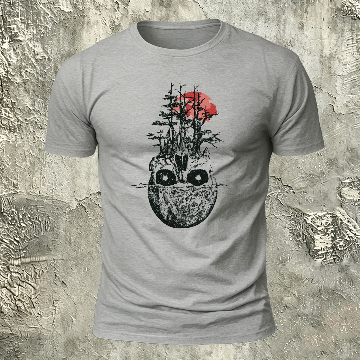 Withered Forest Skull Print Cotton Crew Neck T-Shirt Grey