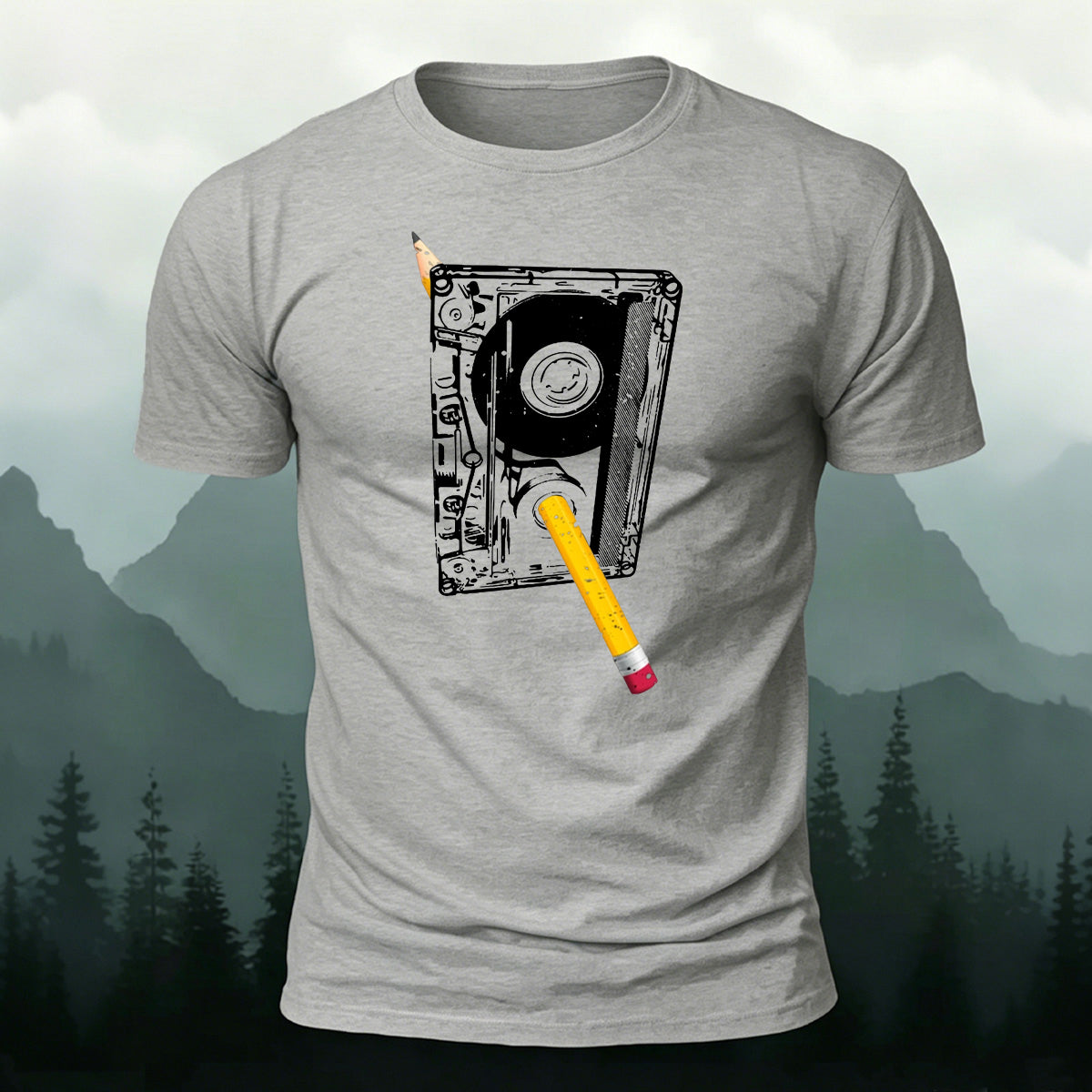 Pencil and Tape Pattern Soft-touch Feel T-Shirt Grey