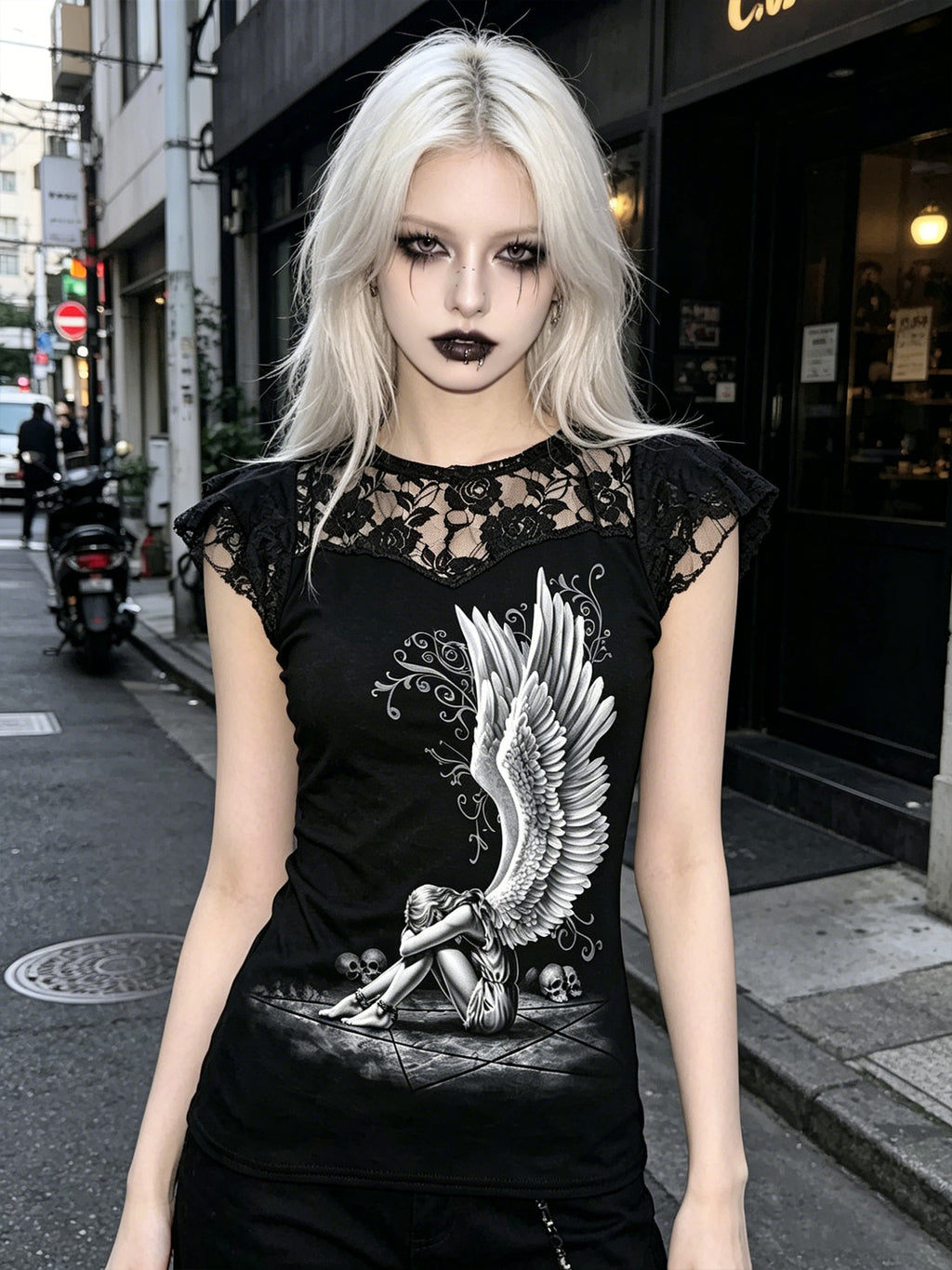 Dark Gothic Print Lace Fashion Women's Top