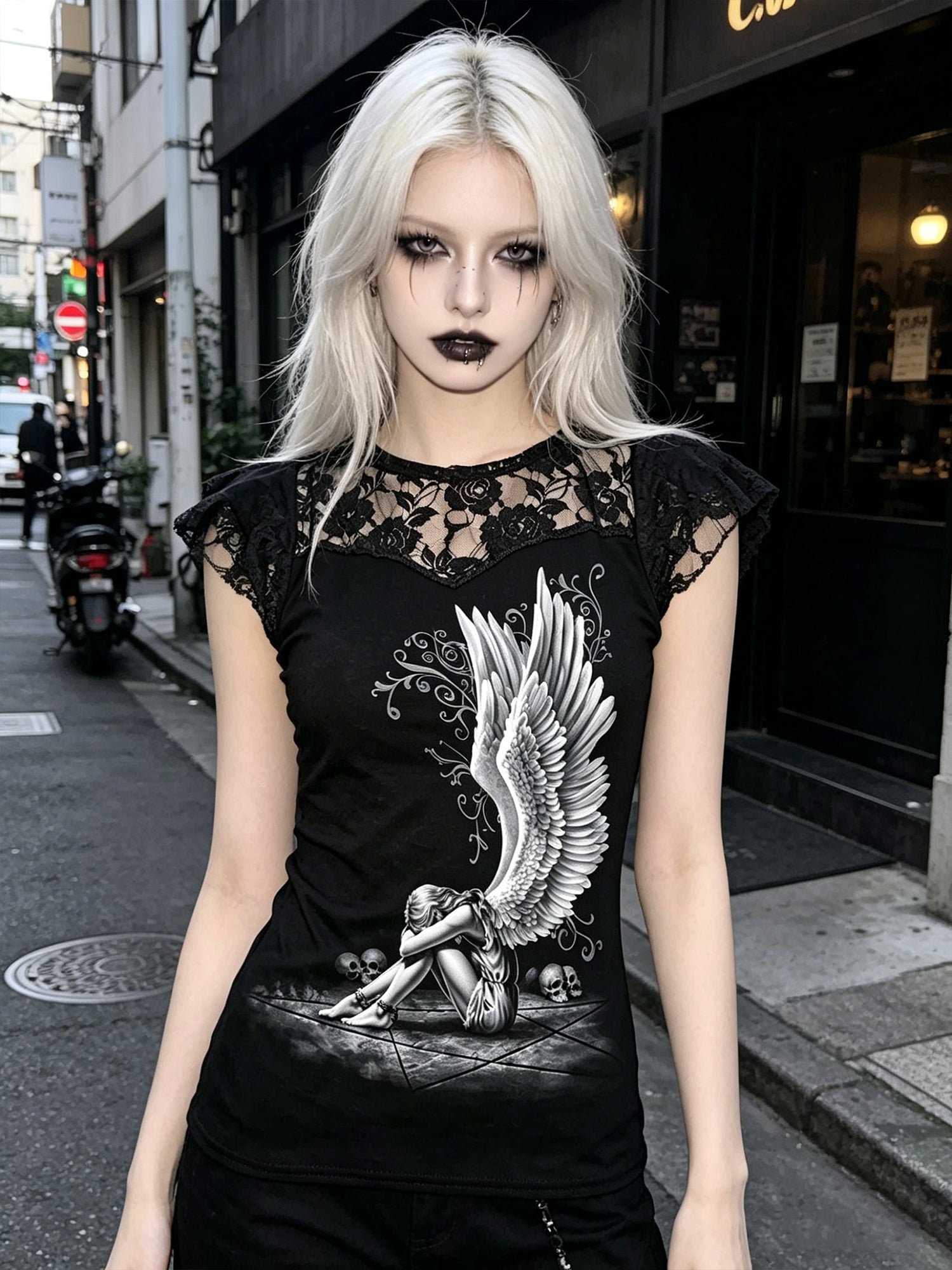 Dark Gothic Print Lace Fashion Women's Top