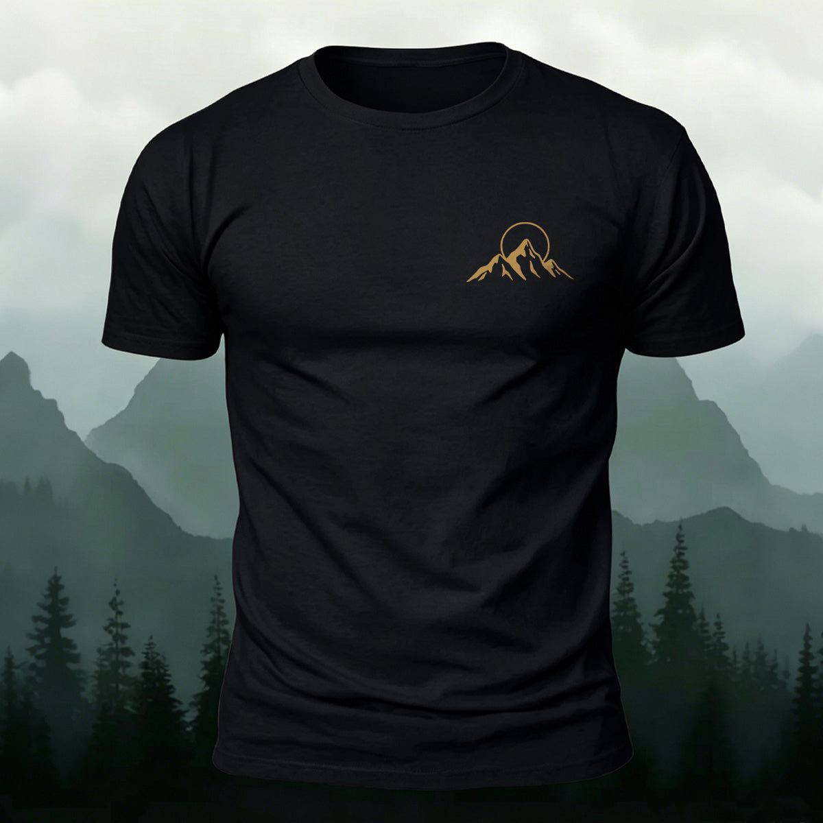 Simple Mountain Print Casual Breathable Material Tee Black