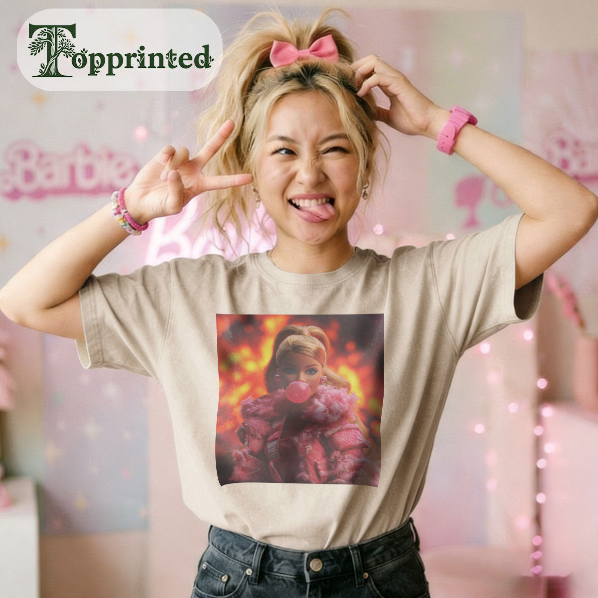 Princess Print Washed Crew Neck T-Shirt Beige