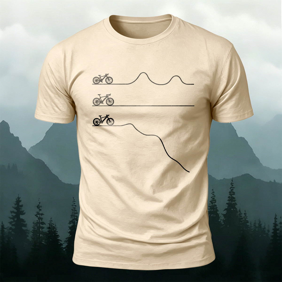 Outdoor Cycling Road Print 100% Cotton Casual T-Shirt Beige