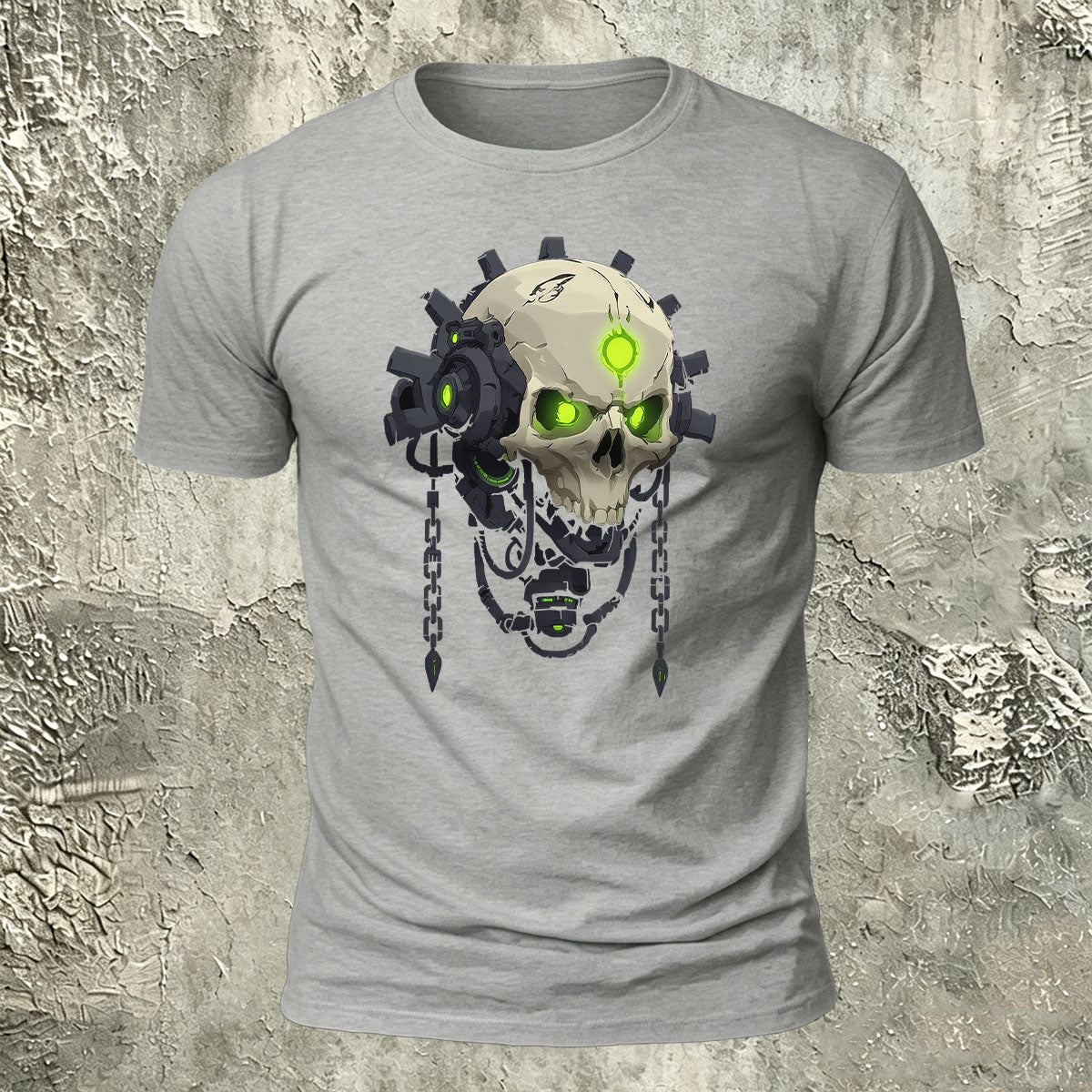 Mechanical Skull Print Cotton Crew Neck T-Shirt