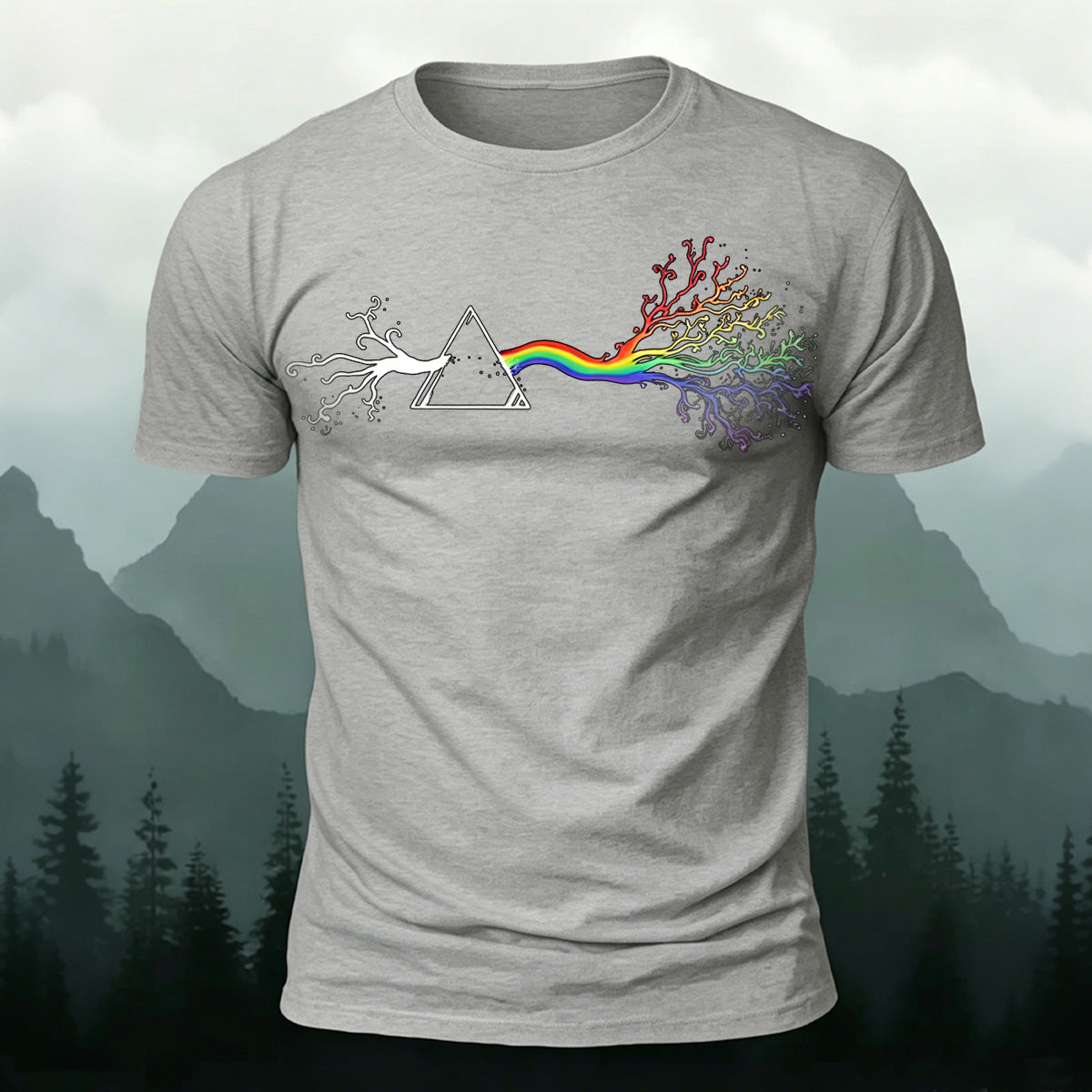 Colorful Tree Print Premium Cotton Round Neck T-Shirt Grey