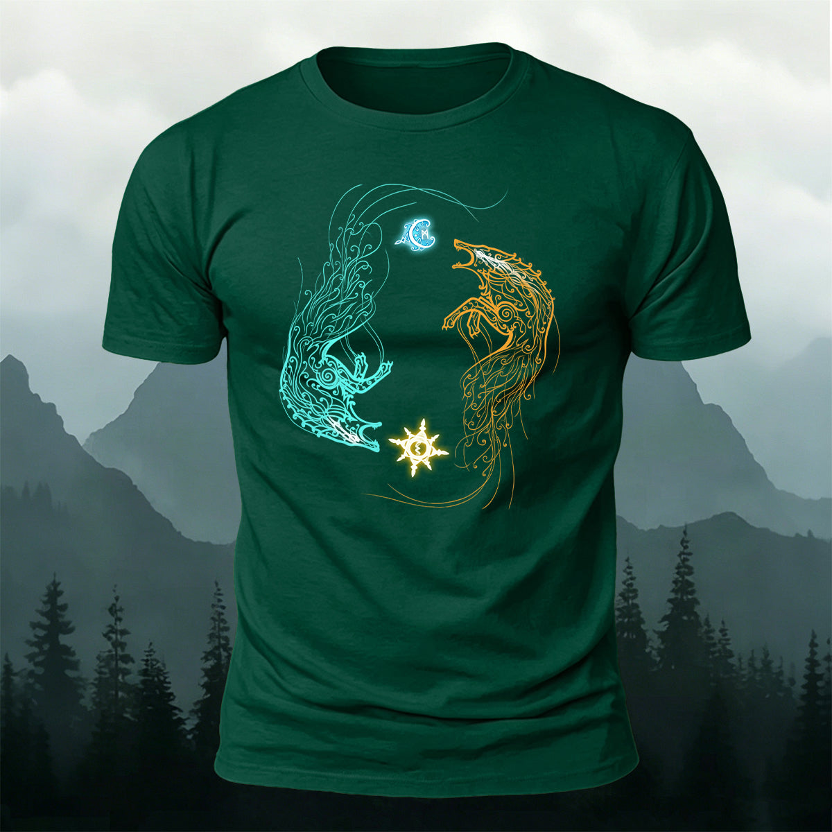 Sun and Moon Chasing Totem Print Versatile  Cotton Tee