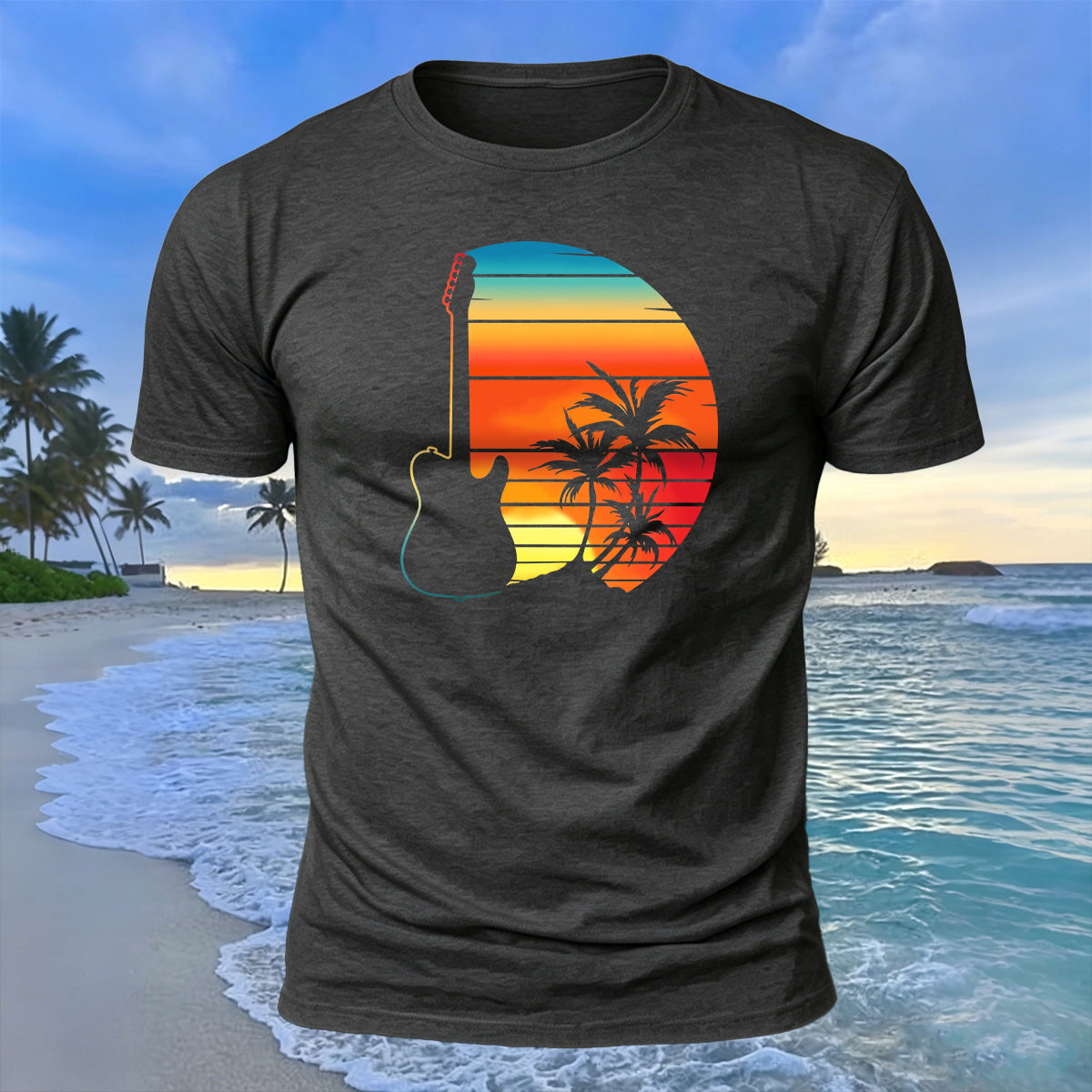 Beach Sunset Openwork Guitar Print Cotton T-Shirt Dark Grey