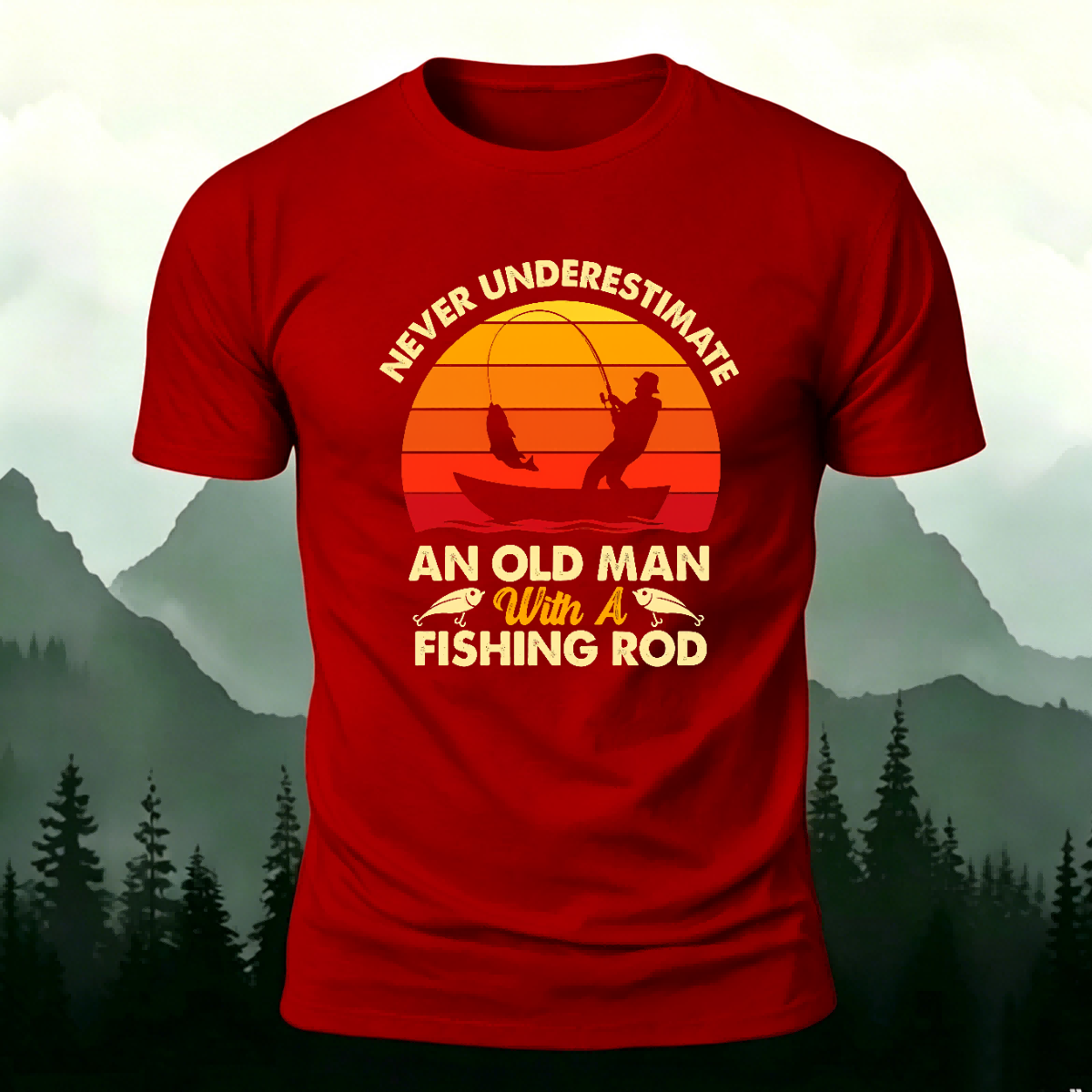 Enjoying Fishing Pattern Casual Daily Cotton T-shirt Red