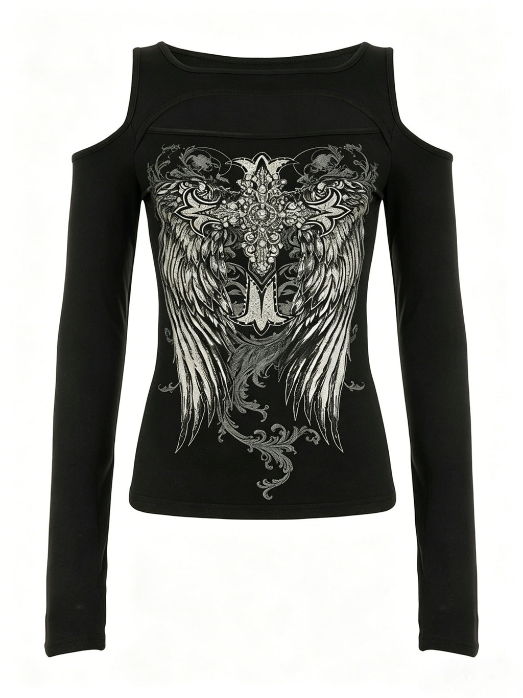 Dark Style Printed Cutout Shoulder Long Sleeve T-shirt