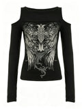 Dark Style Printed Cutout Shoulder Long Sleeve T-shirt