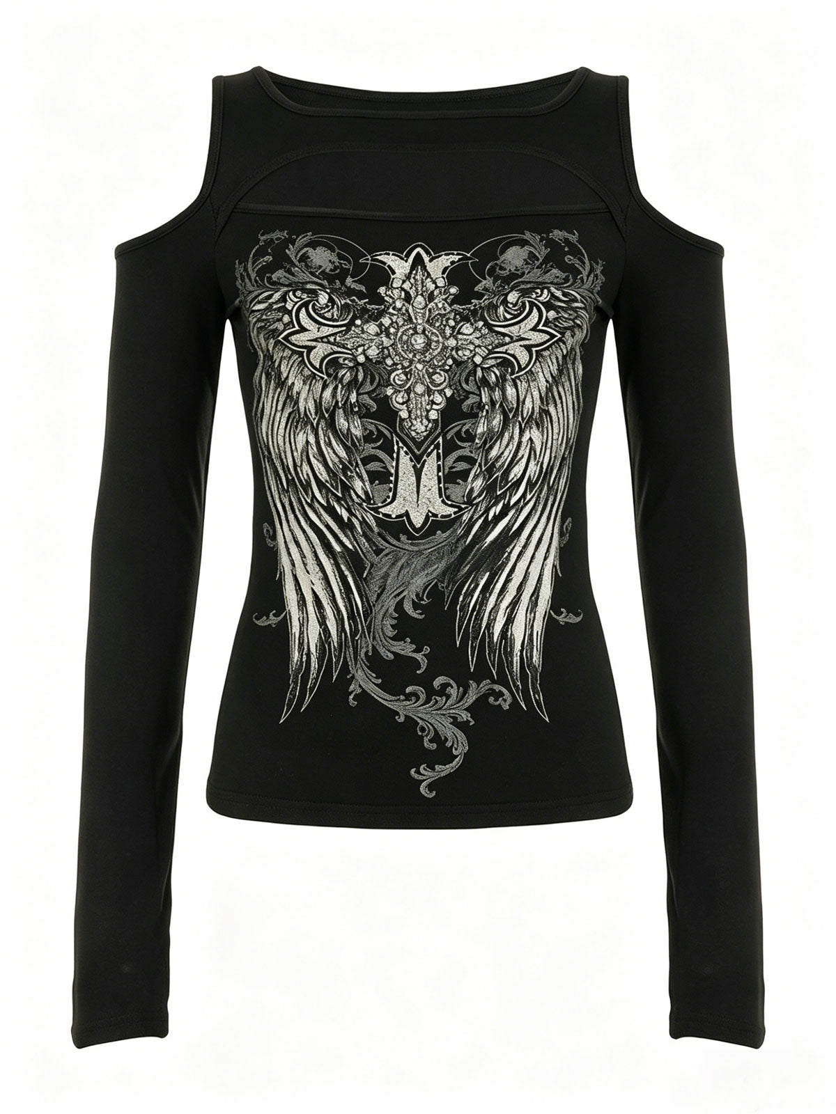 Dark Style Printed Cutout Shoulder Long Sleeve T-shirt