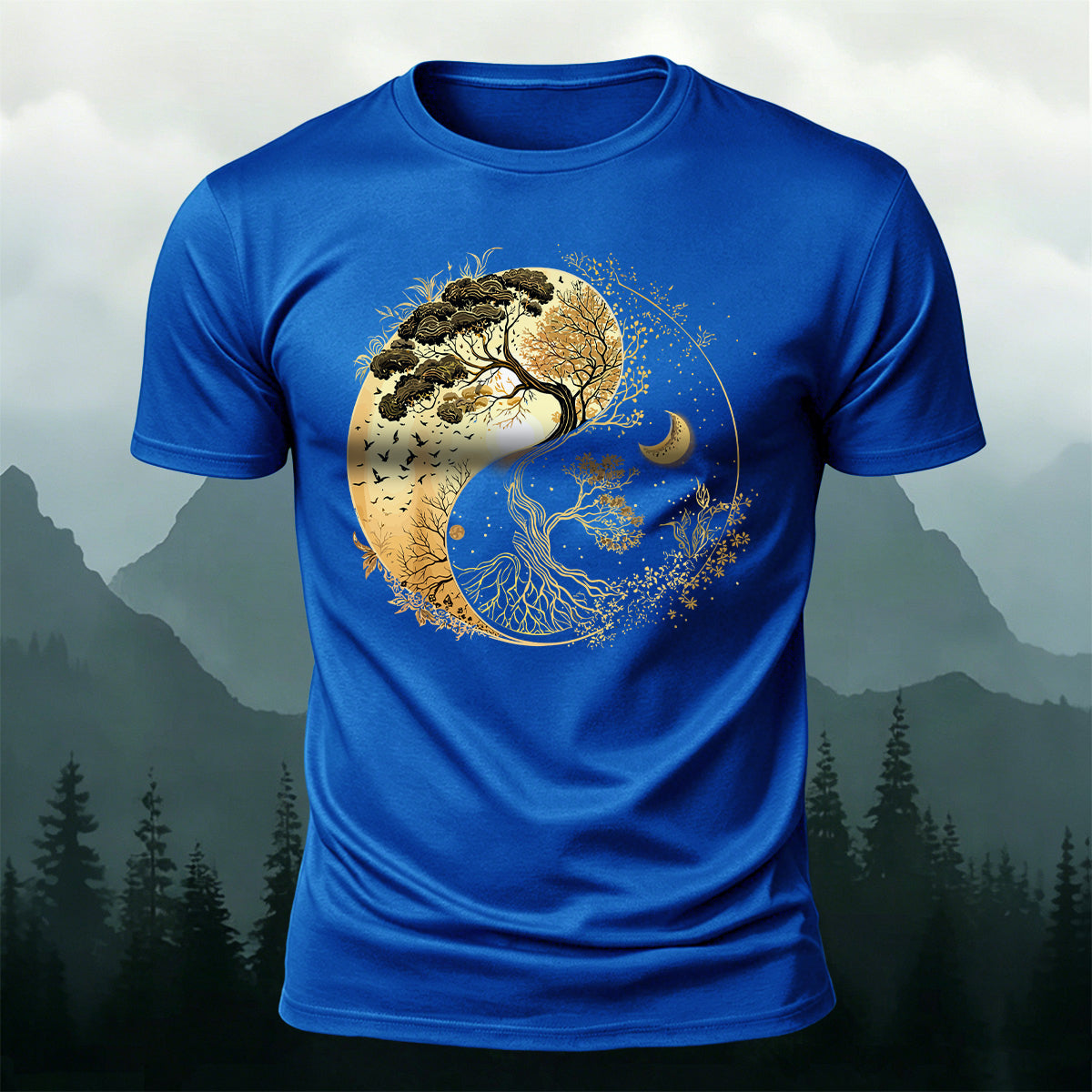 Yin-Yang Tai Chi Tree Design Casual Cotton T-Shirt Blue