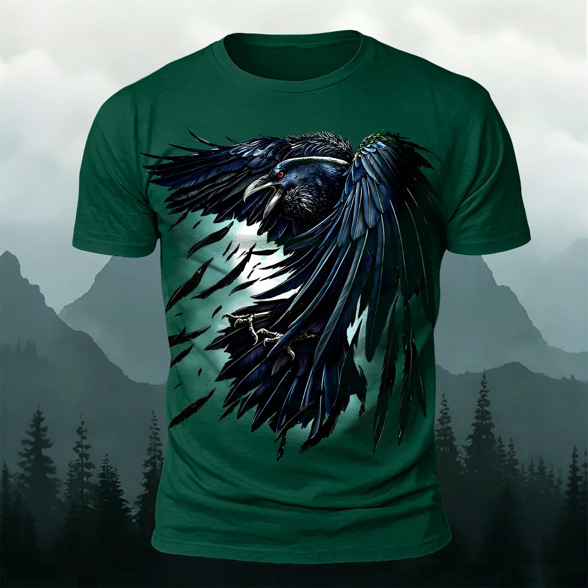 Retro Black Crow Feather Print Casual T-Shirt