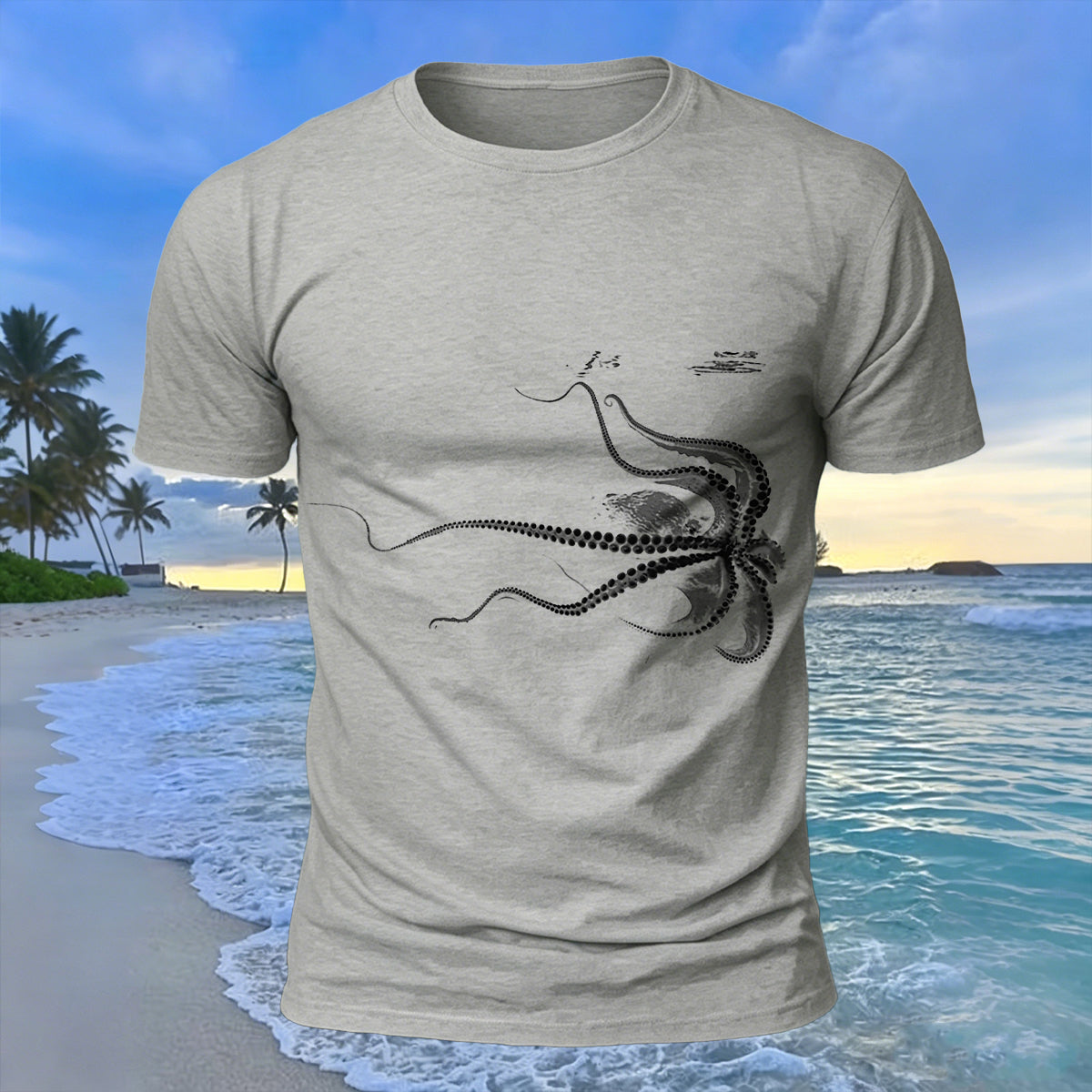 Octopus Silhouette Print Casual Cotton T-Shirt