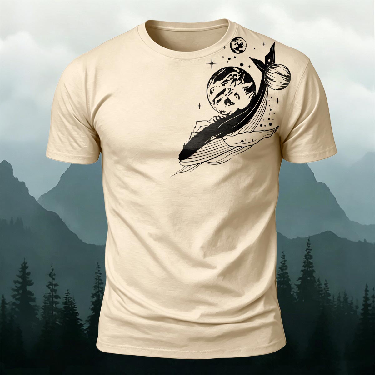 Whale and Space Print Casual Cotton T-Shirt Beige