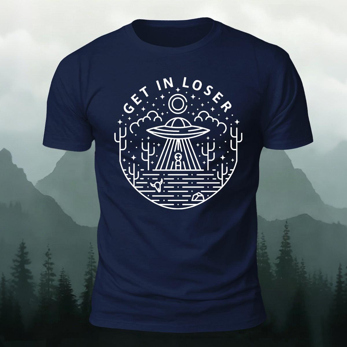 Simple Line Patterns Casual  Cotton Crew Neck T-Shirt Navy