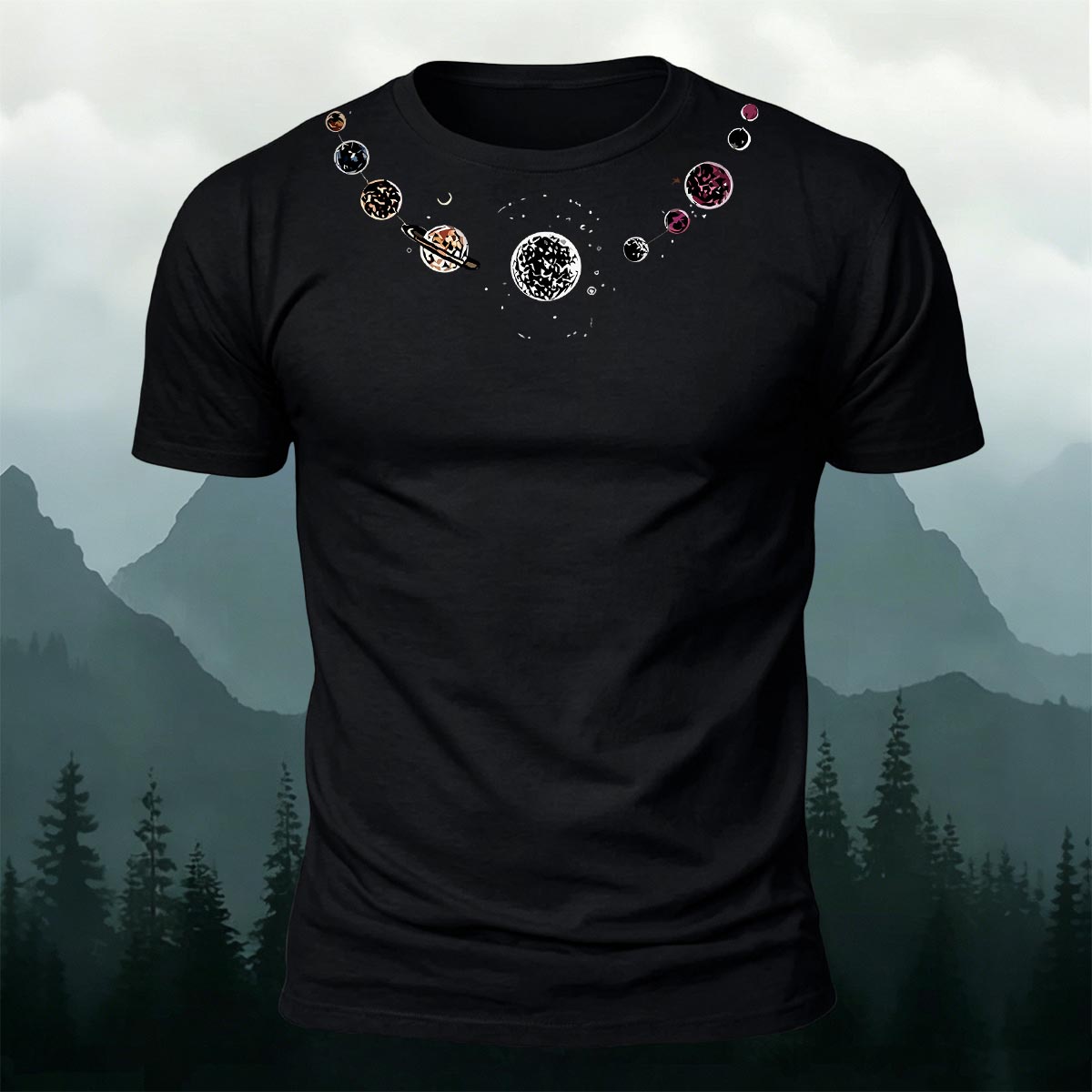 Fashionable Planet-Print Casual Cotton T-Shirt Black