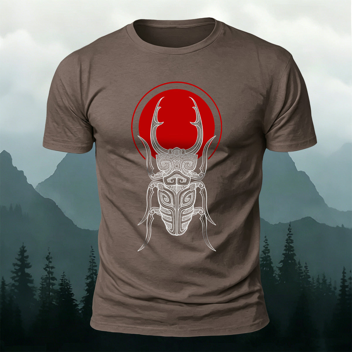 Retro Sketched Beetle Print Outdoor Comfort Cotton T-Shirt
