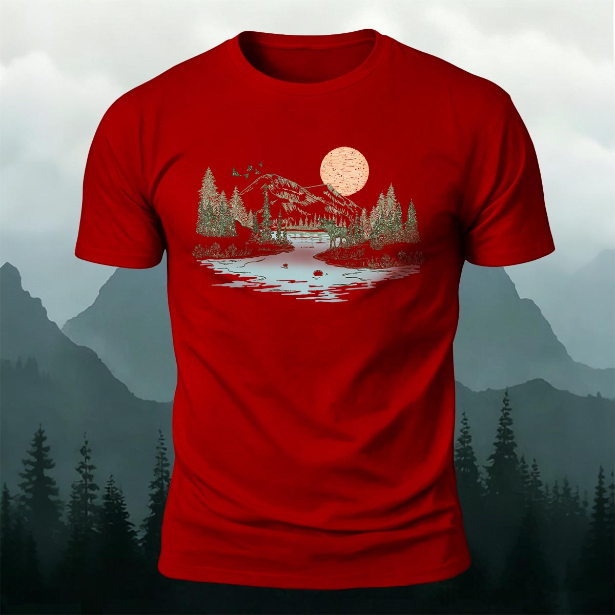 Sunrise Mountain Scenery Illustration Print Casual Cotton T-Shirt