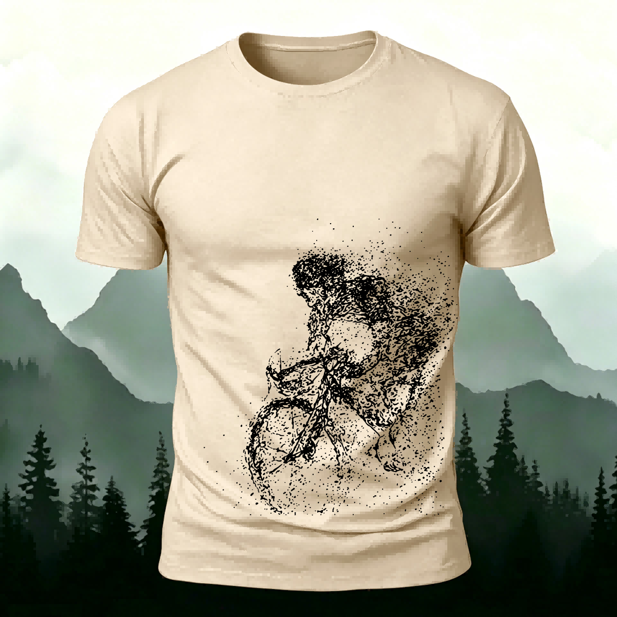 Cycling Pattern Mountain-Style Cotton Casual T-Shirt Beige