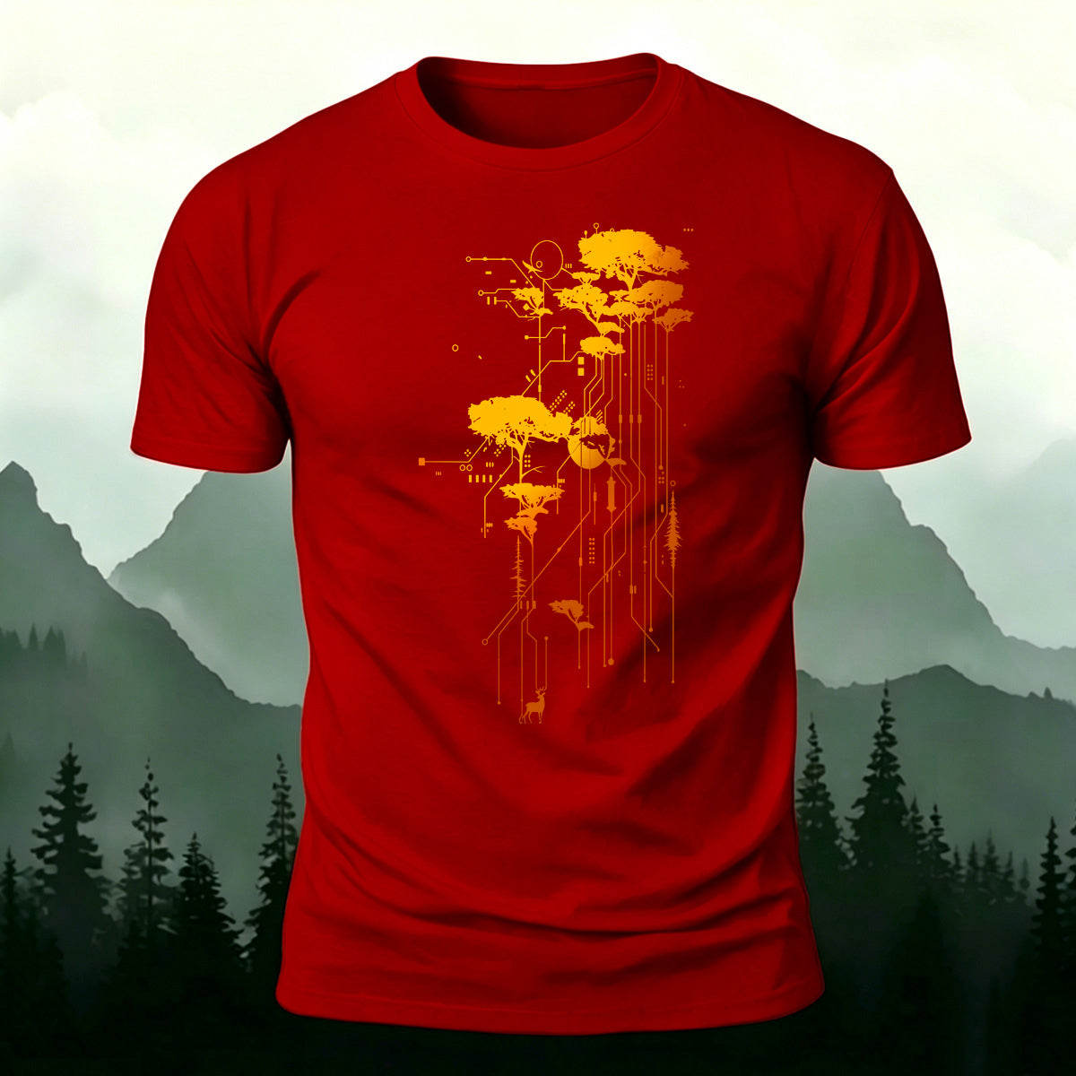 Artistic Trees Pattern Breathable Material Casual T-Shirt Red