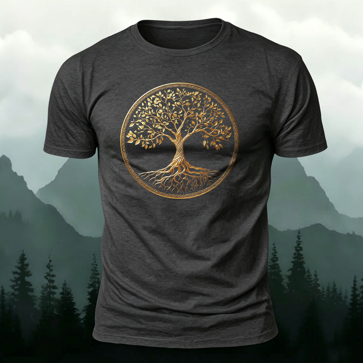 Golden Tree of Life Printed Cotton Crew Neck T-Shirt