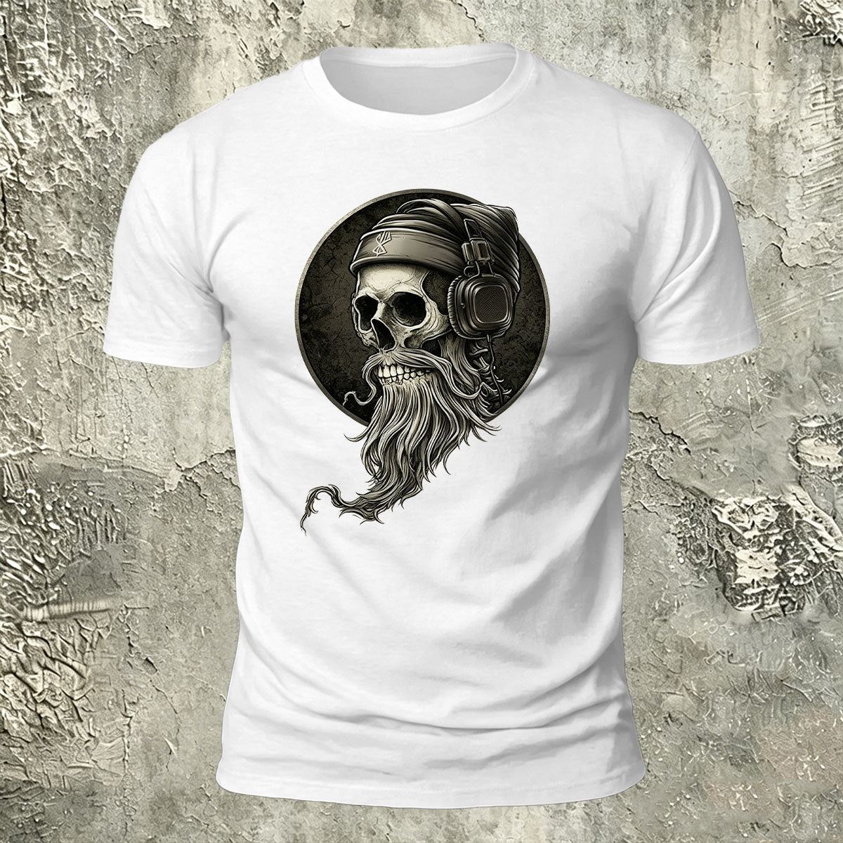 Vintage Skull Headphones Print Casual Cotton T-Shirt