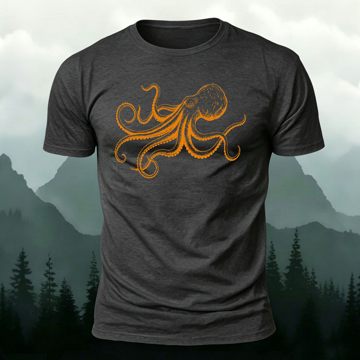 Octopus Minimalist Pattern Breathable Material Casual T-Shirt Dark Grey