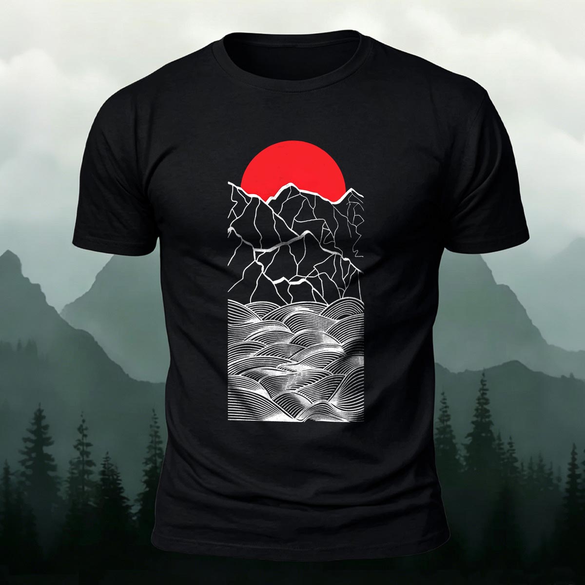 Forest Sunset Mountain Print Casual Cotton T-Shirt