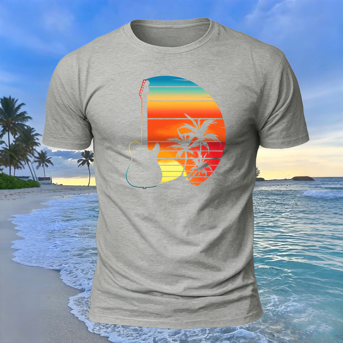 Beach Sunset Openwork Guitar Print Cotton T-Shirt Grey