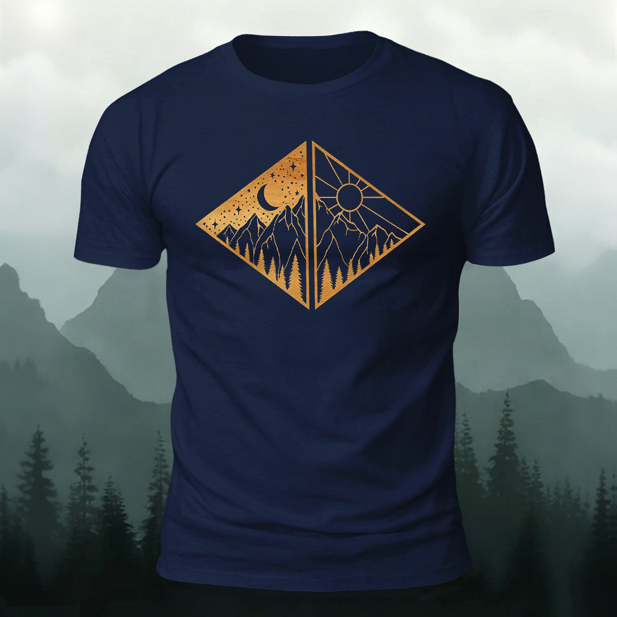 Landscape Art Frame Printed Mountain-style Casual T-Shirt Navy