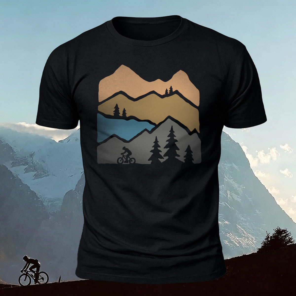 Mountain Biking Print Outdoor Casual Cotton T-Shirt Black