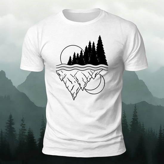 Line-drawn Landscape Pattern Soft-touch Feel T-Shirt White
