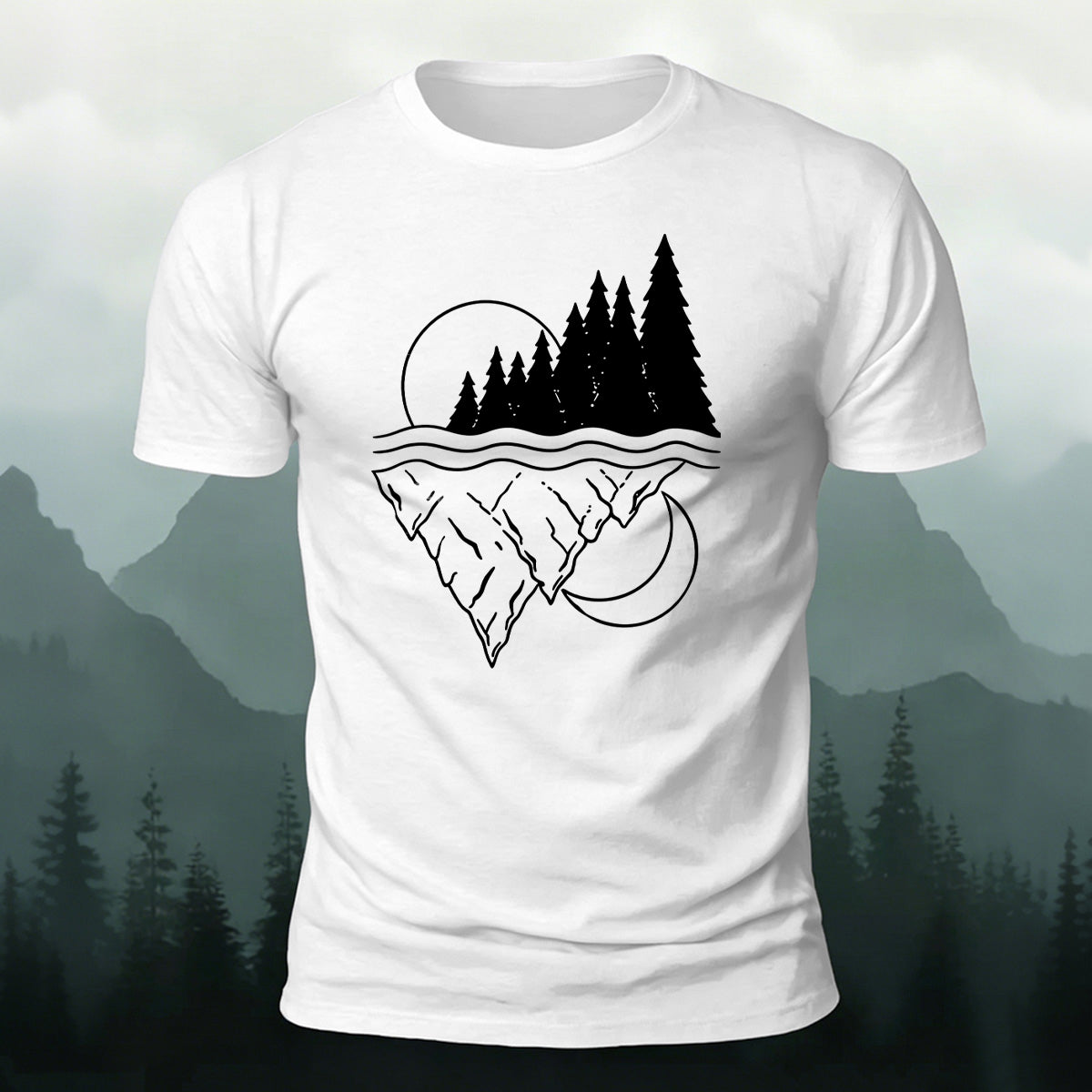 Line-drawn Landscape Pattern Soft-touch Feel T-Shirt White