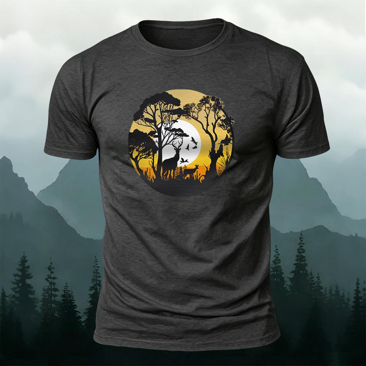 Lone Wolf in the Twilight Forest Printed Cotton Crew Neck T-Shirt