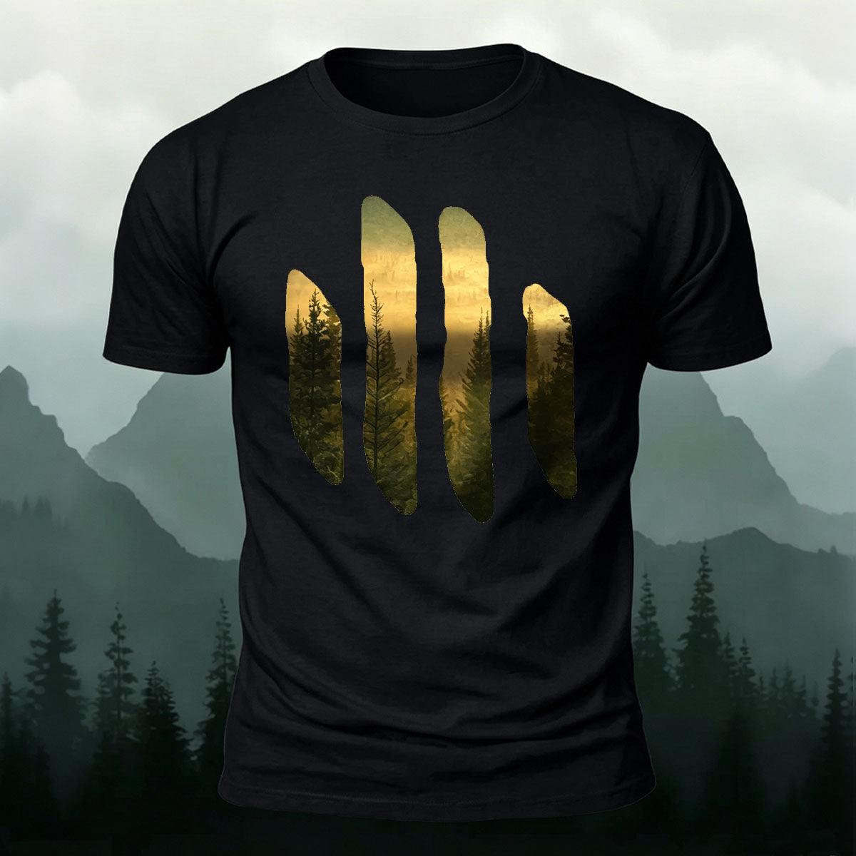 Beautiful Scenery Pattern Retro Casual Cotton T-Shirt Black