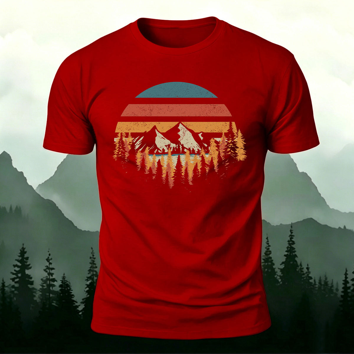 Mountain Landscape Pattern Retro Trend Cotton T-Shirt Red