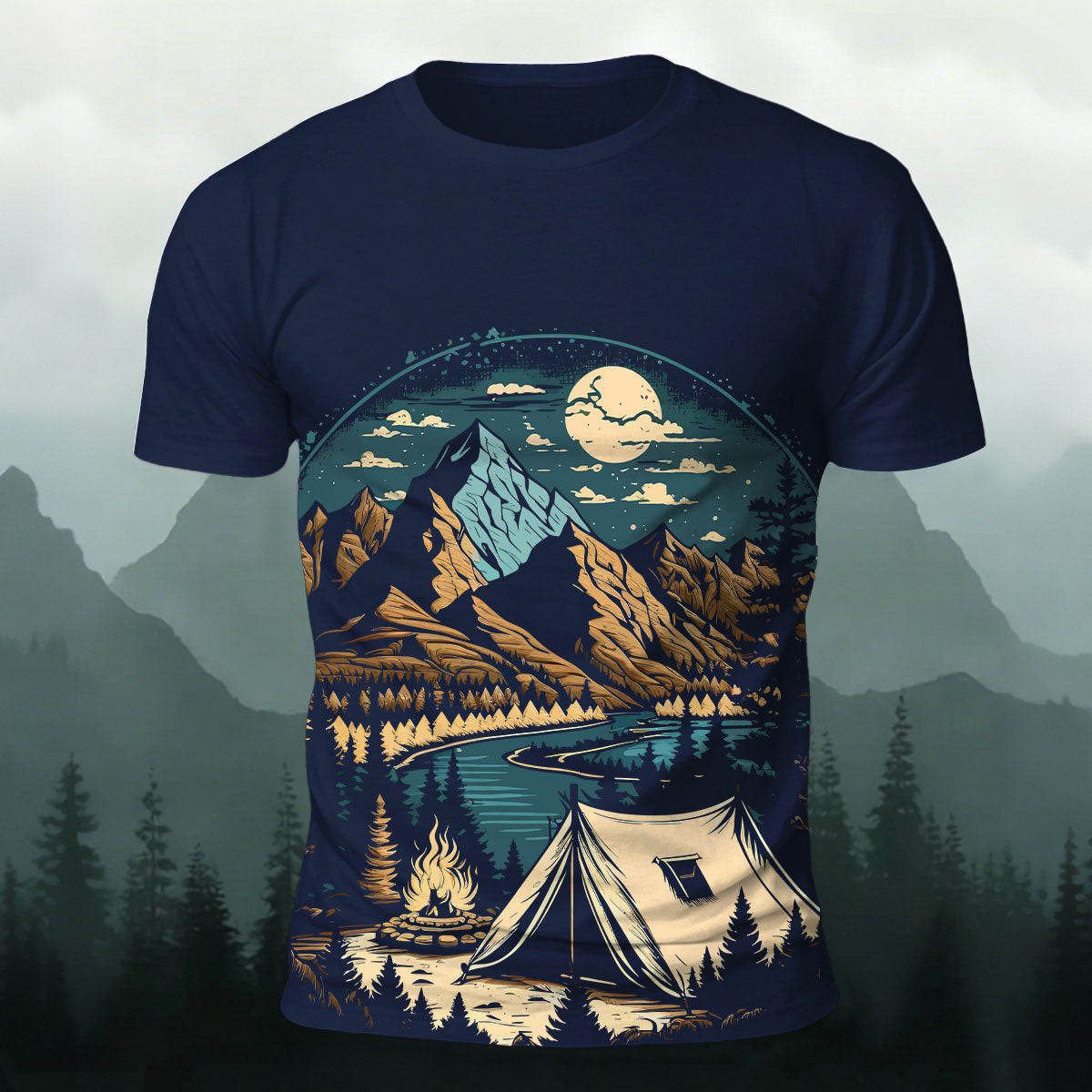 AOP Outdoor Valley Camping Print Casual T-Shirts