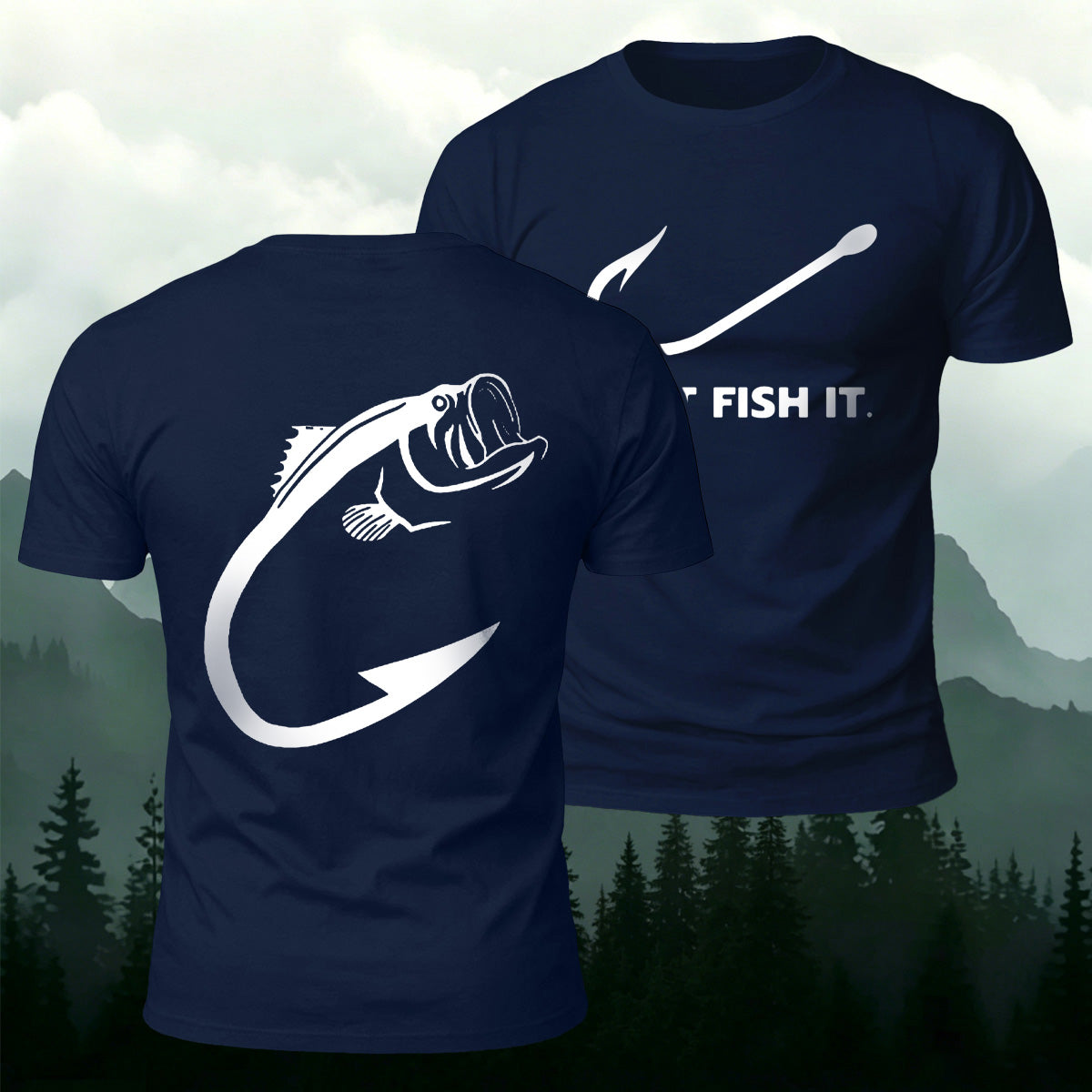 Fish and Hook Pattern Outdoor Style Casual T-Shirt Navy