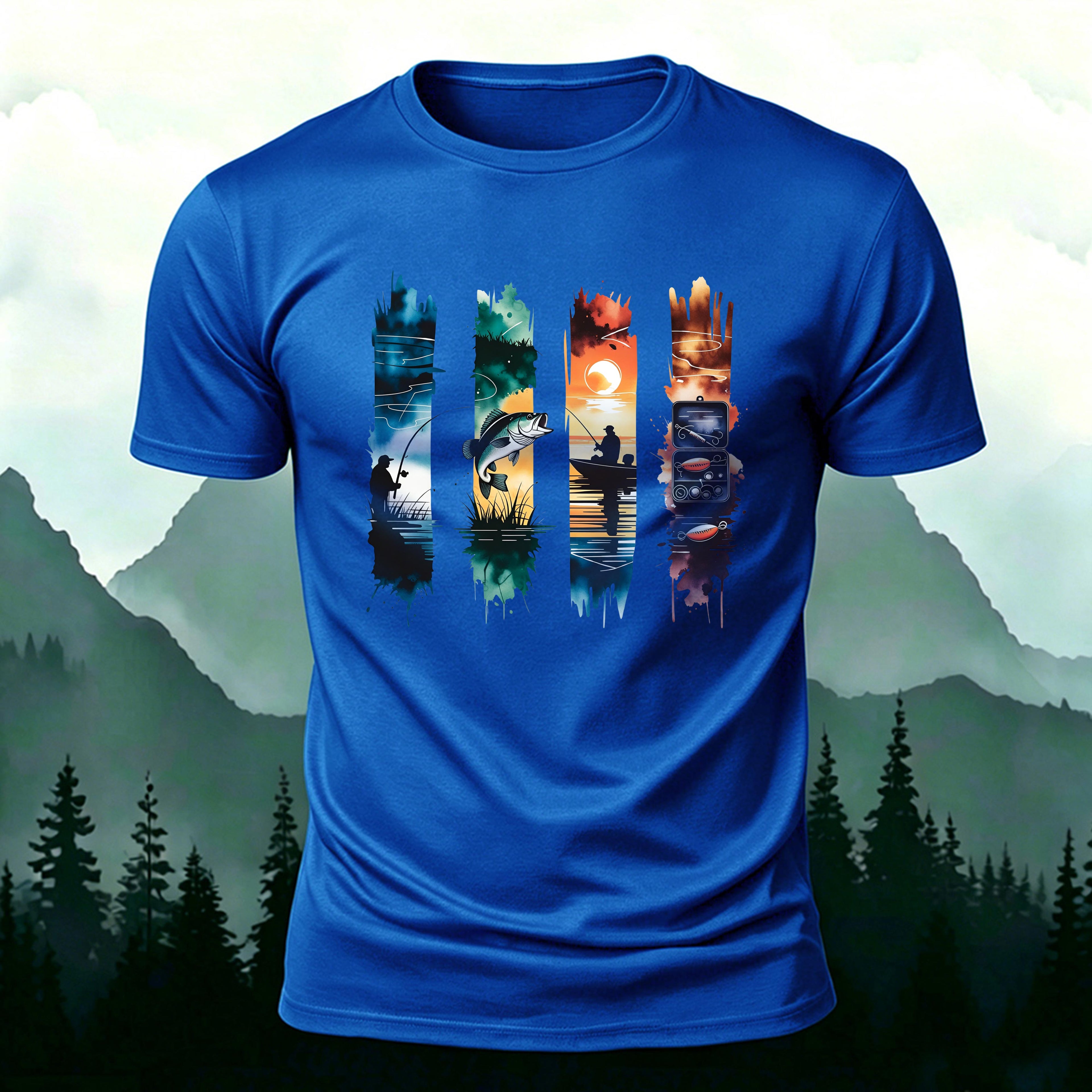 Outdoor Fishing Print Natural Style Skin-Friendly T-Shirt Blue
