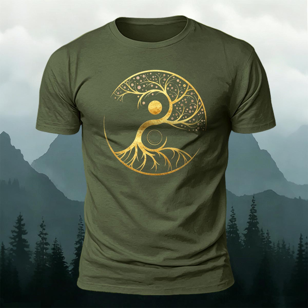 Artistic Graphics Pattern Mountain-Style Cotton T-Shirt