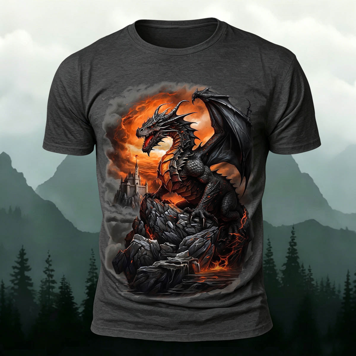 Dark Dinosaur Print Casual Crew Neck T-Shirt Dark Grey