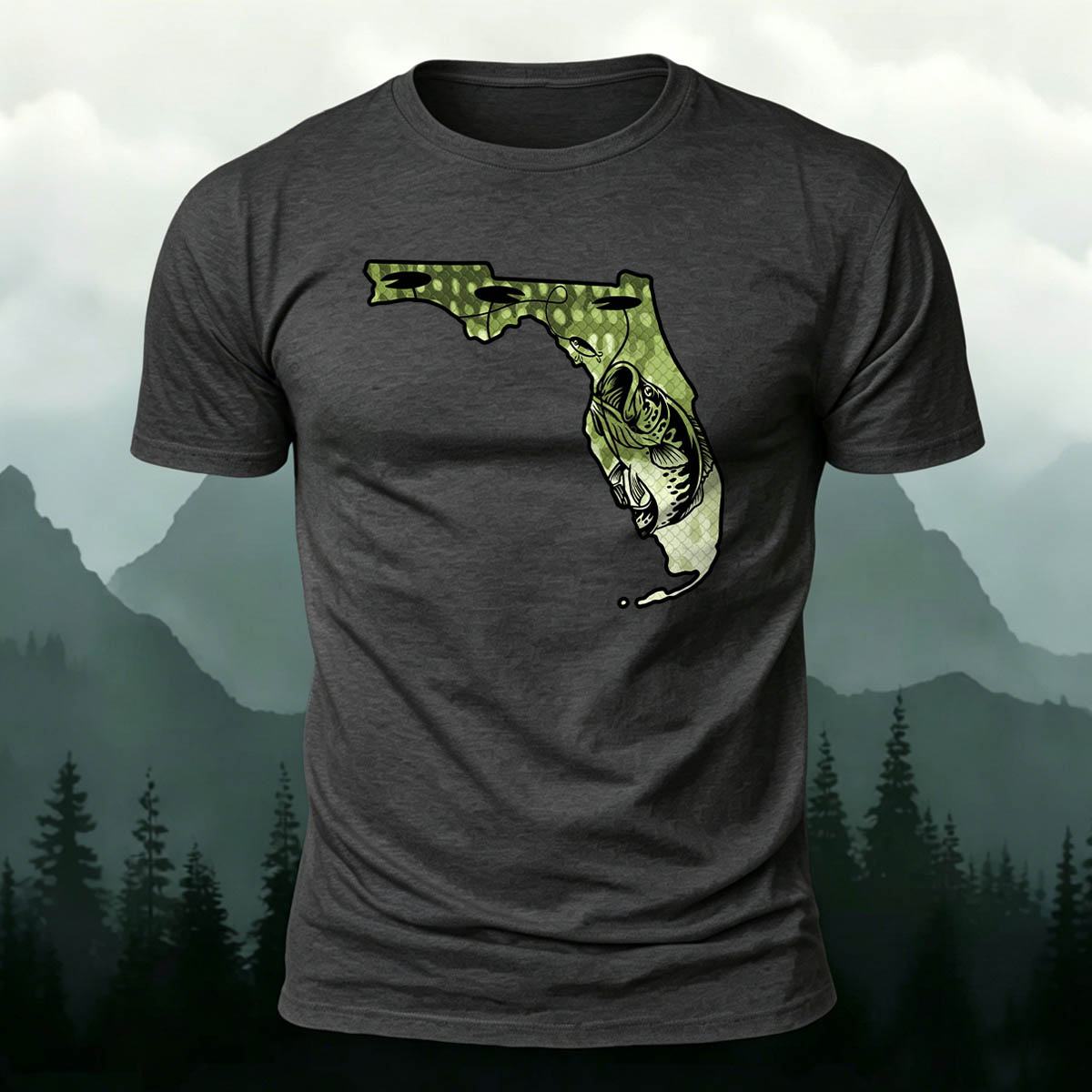 Big Catch Black Bass Print Casual Cotton T-Shirt