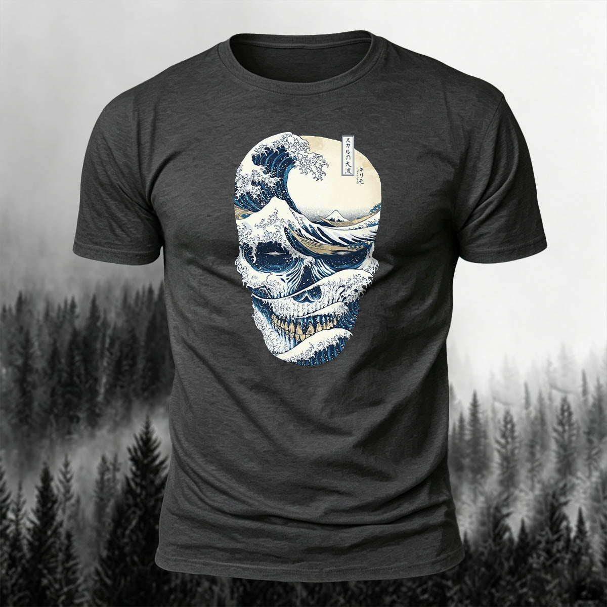 Cotton Skull Wave Art Print Outdoor T-Shirt