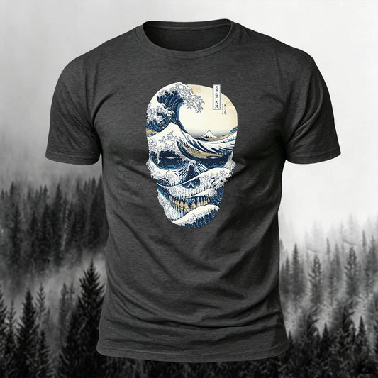 Cotton Skull Wave Art Print Outdoor T-Shirt