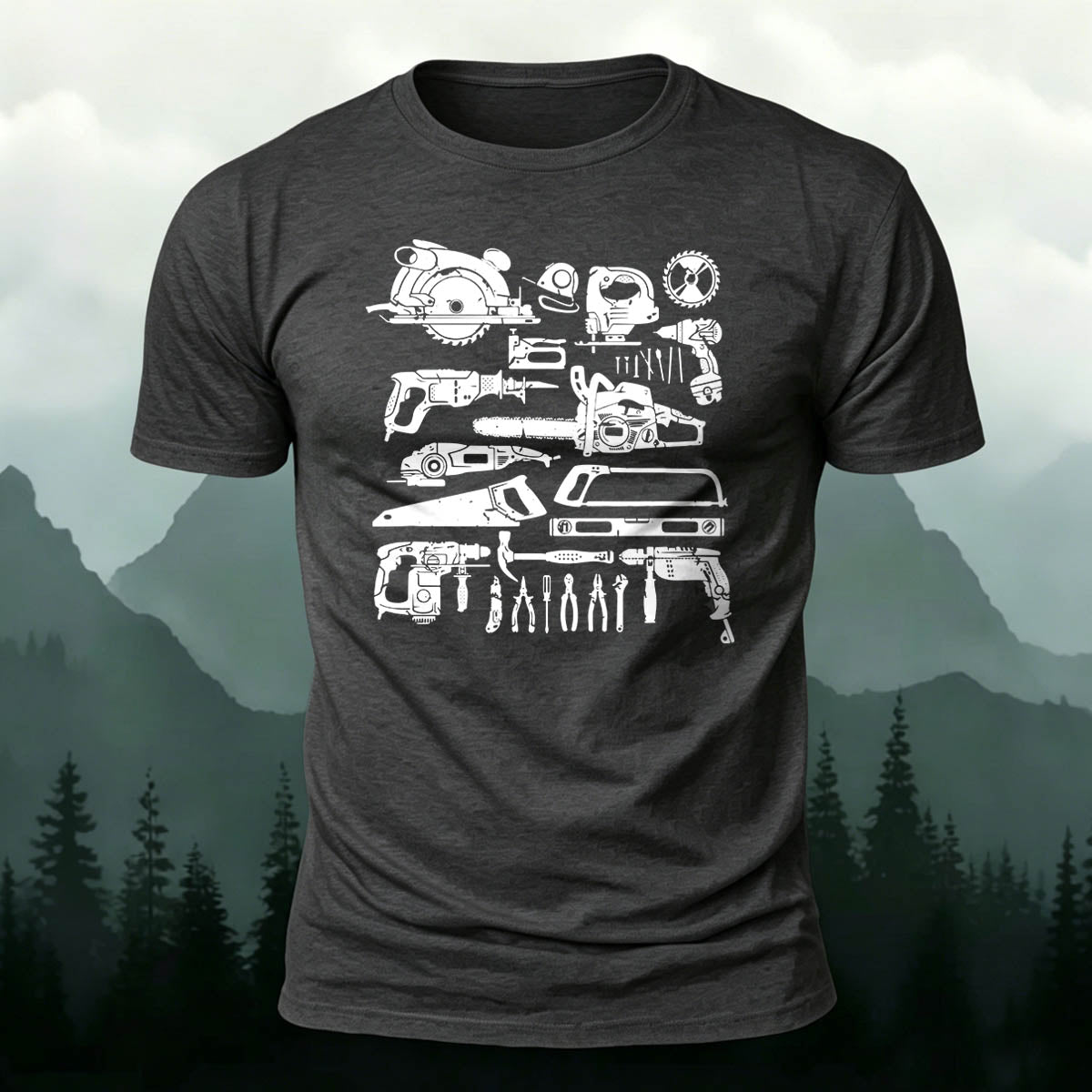 100% Cotton Carpenter Tool Pattern Casual T-Shirt